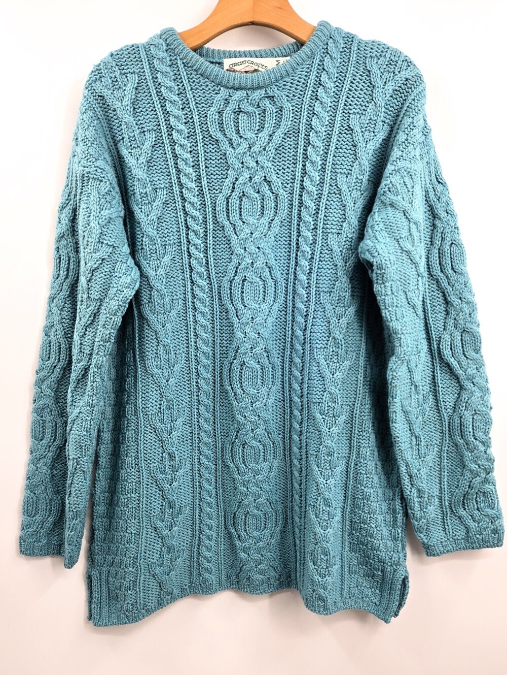 Aran Crafts Sweater Aqua Blue Cable Knit Crewneck Fisherman